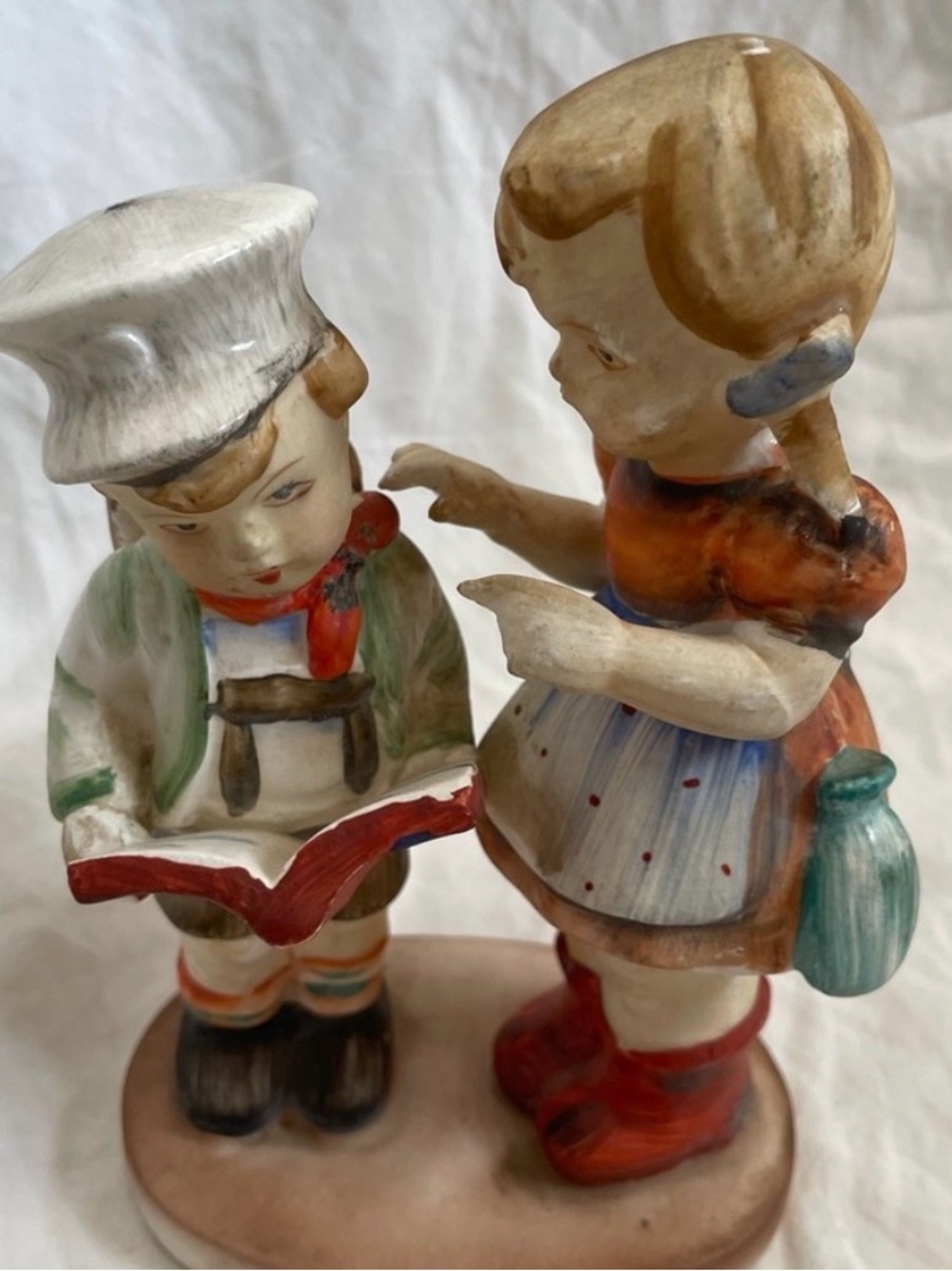 Vintage Bossy older sister & little boy figurine, ceramic Hummel-style decor